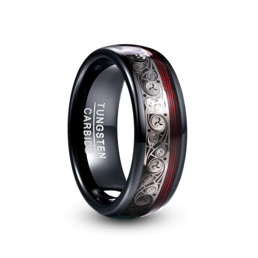 8mm Wide Electroplated Black Spiral Red Guitar String Tungsten Steel Ring