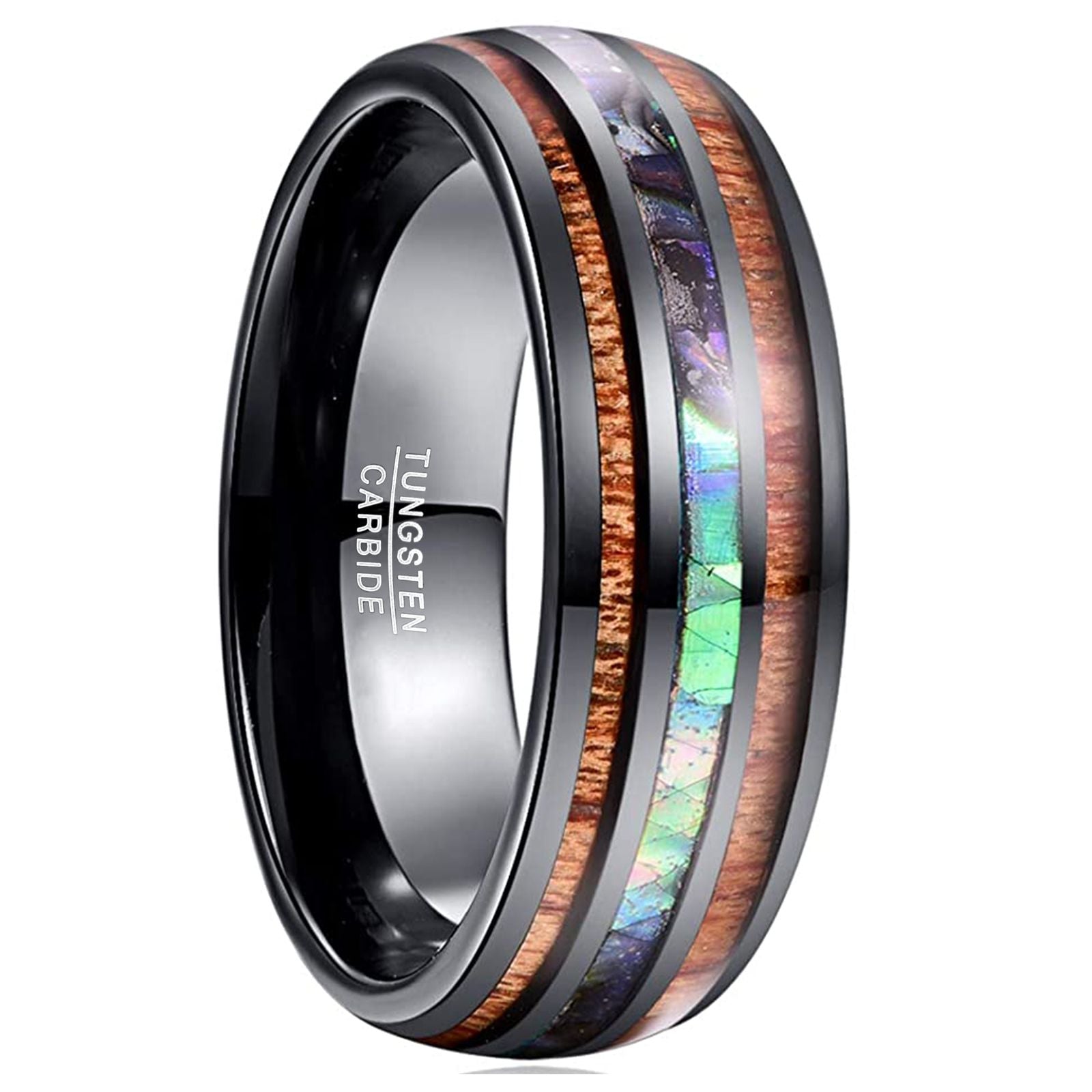 8mm Wide Black Two Acacia Wood Sapphire Blue Opal Tungsten Steel Ring
