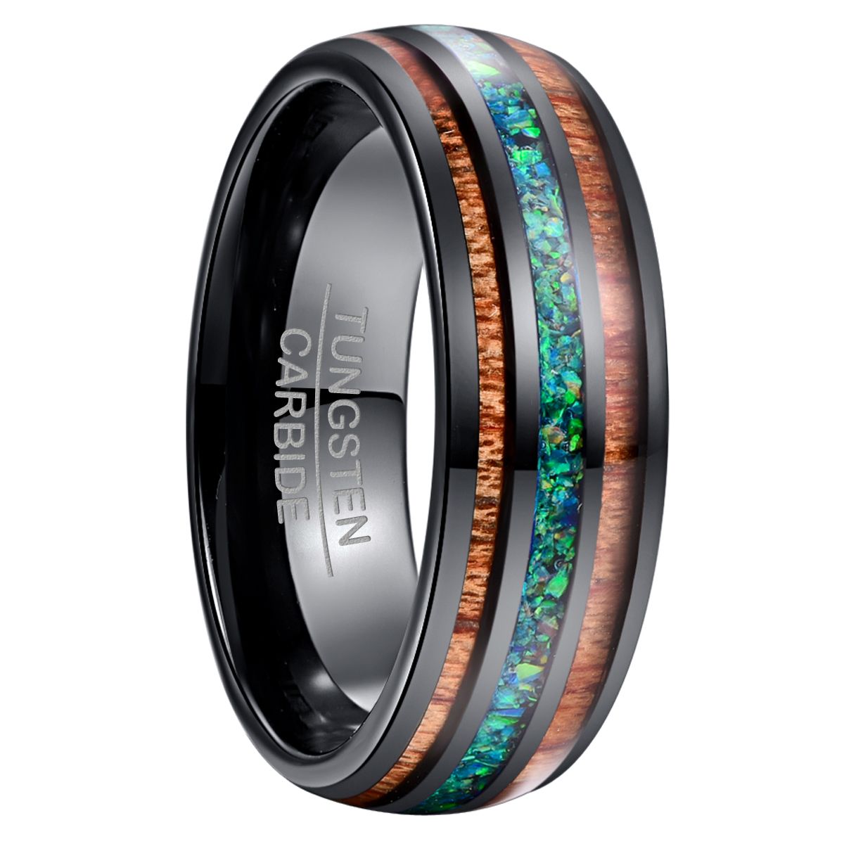 8mm Wide Black Two Acacia Wood Sapphire Blue Opal Tungsten Steel Ring