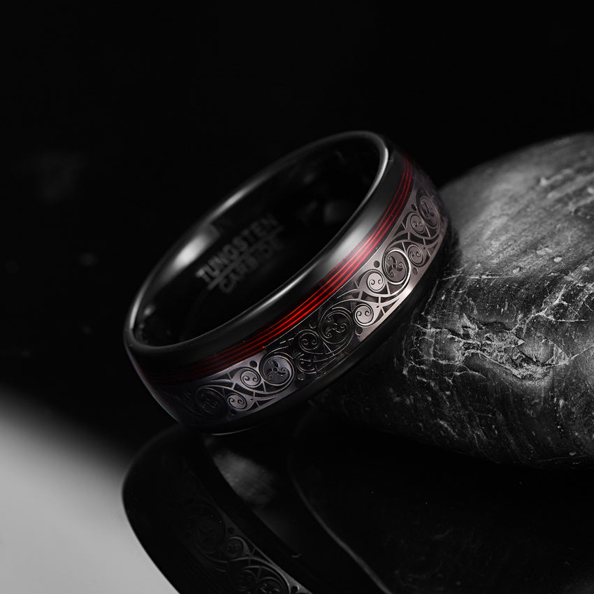8mm Wide Electroplated Black Spiral Red Guitar String Tungsten Steel Ring