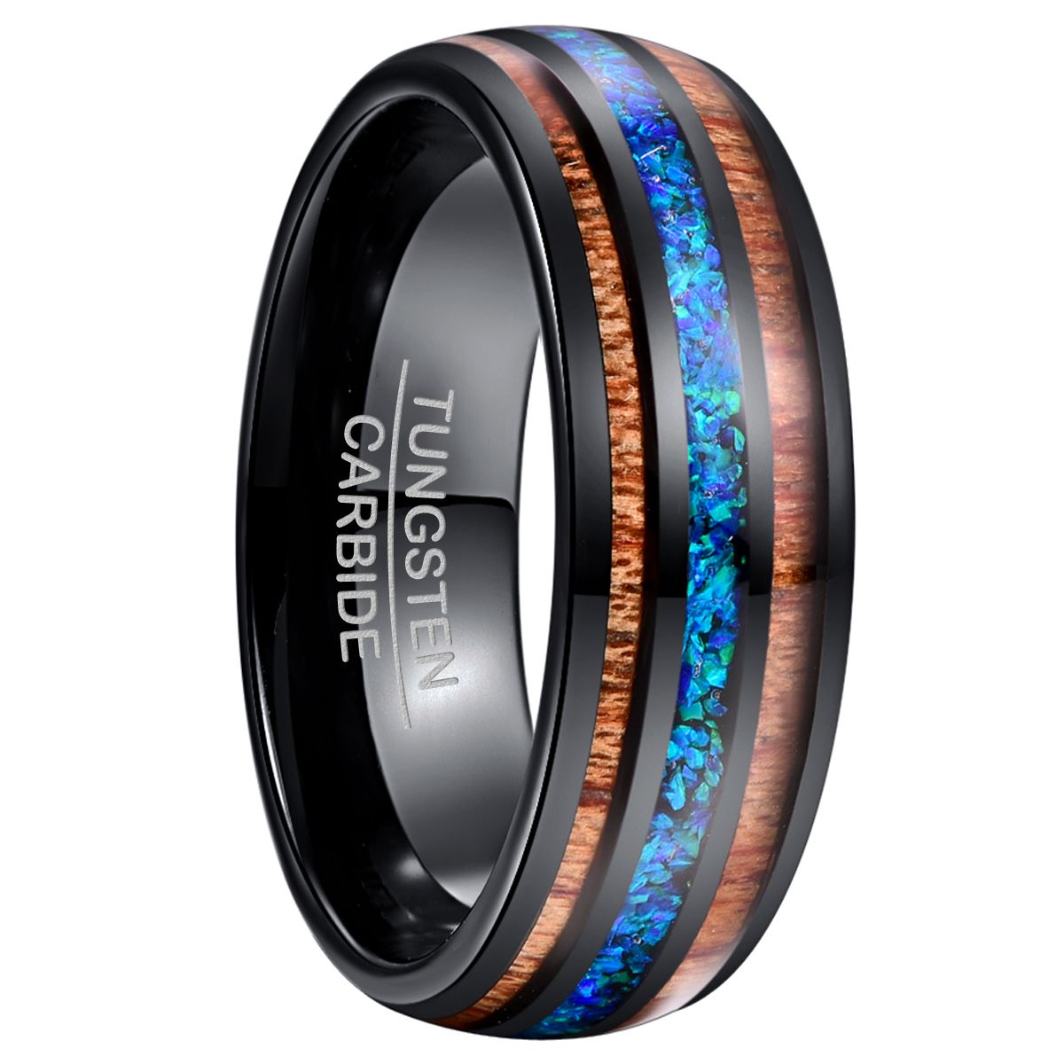 8mm Wide Black Two Acacia Wood Sapphire Blue Opal Tungsten Steel Ring
