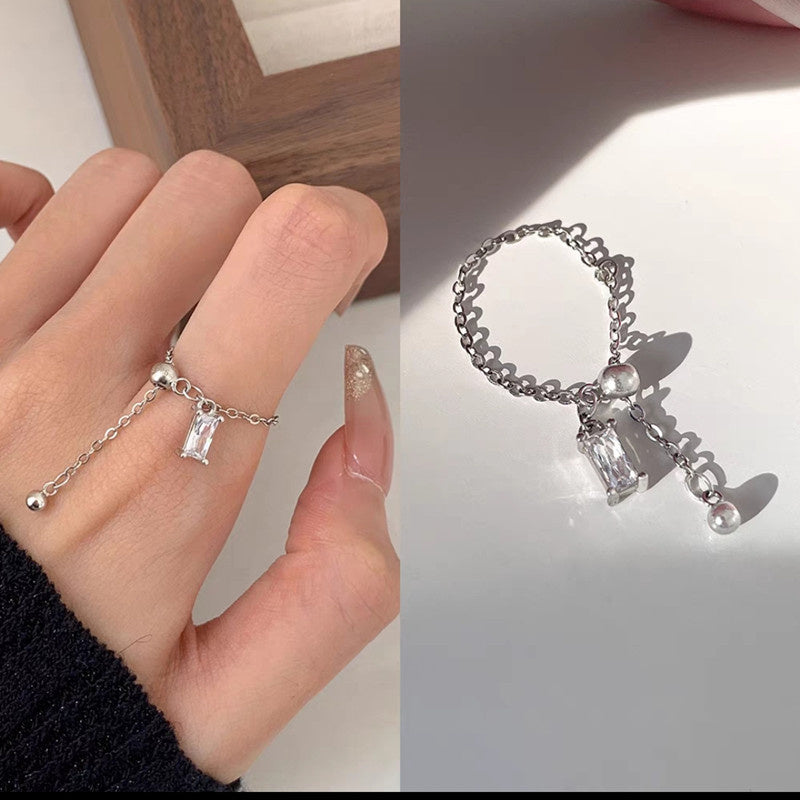 Women's Fashion Sterling Silver Color Small Square Diamond Pull Ring
