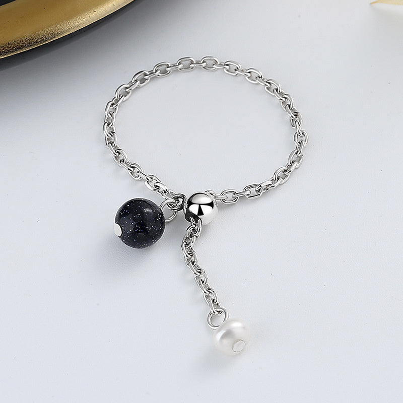Women's Fashion Sterling Silver Geometric Chain Stitching Starry Sky Small Beads Ring
