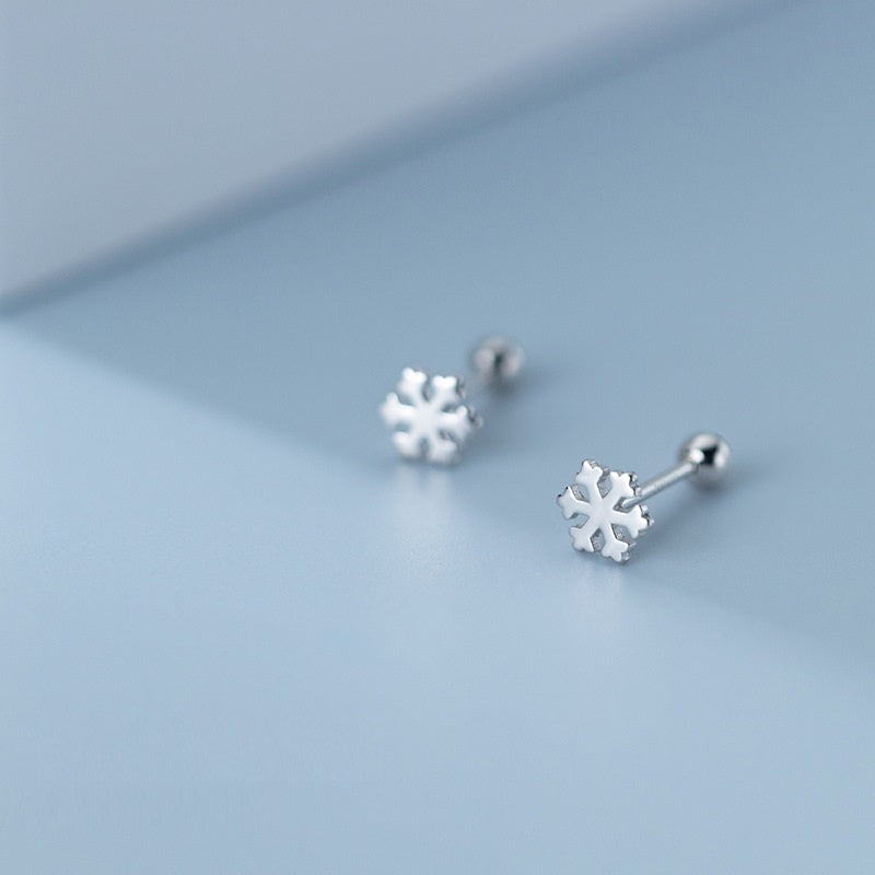 925 Sterling Silver Snowflakes Beads Screw Stud Earrings