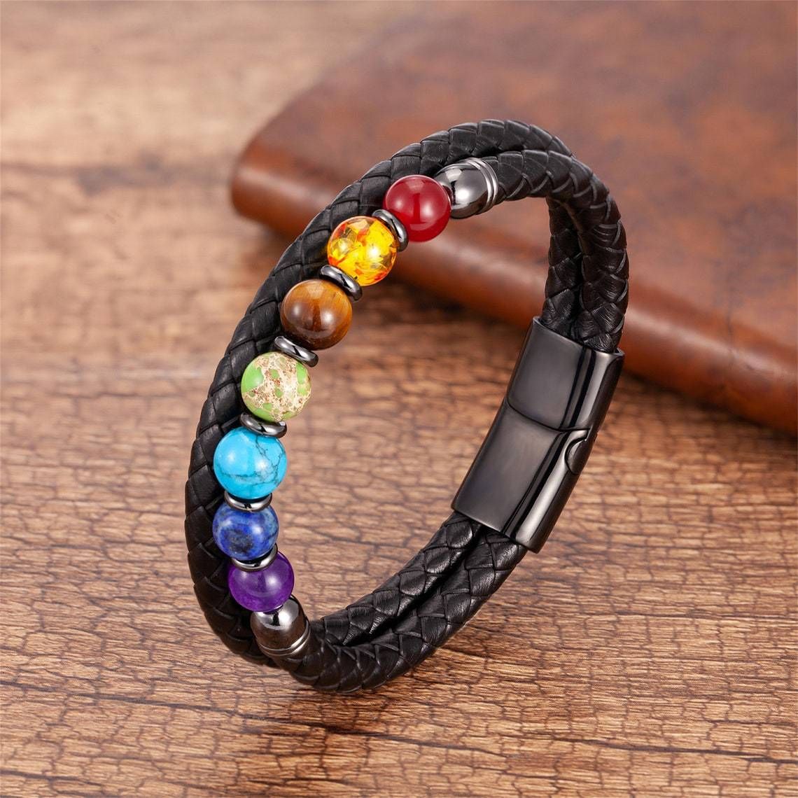Colorful 8mm Stone Beaded Vintage Leather Natural Stone Bracelet