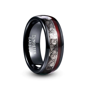 8mm Wide Electroplated Black Spiral Red Guitar String Tungsten Steel Ring