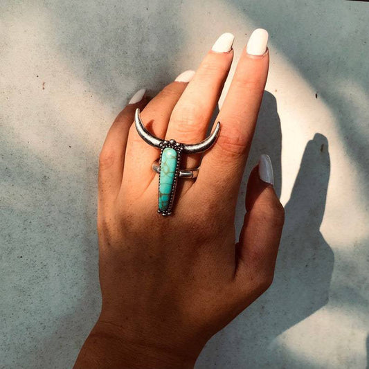 Vintage Thai Silver Turquoise Horn Ring Ox Head Punk