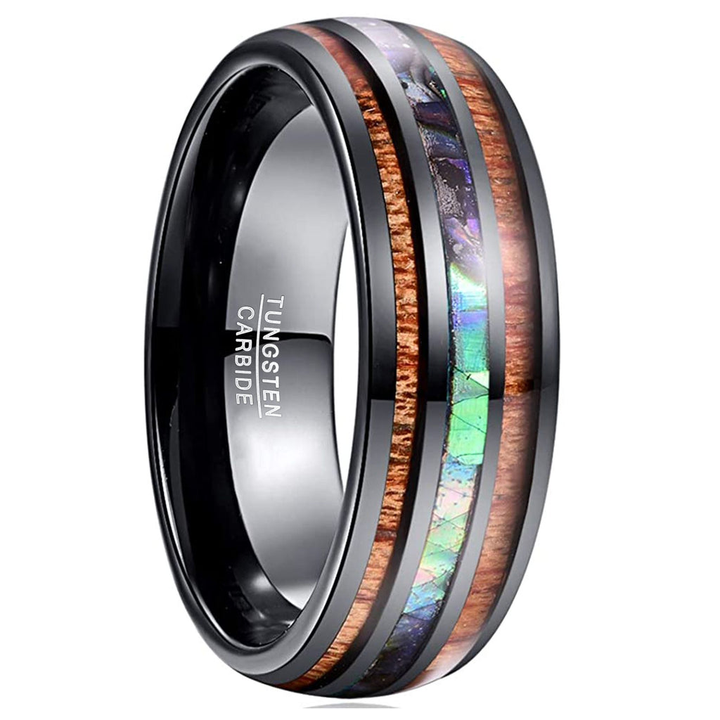 8mm Wide Black Two Acacia Wood Sapphire Blue Opal Tungsten Steel Ring