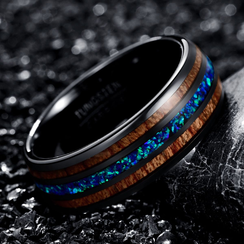 8mm Wide Black Two Acacia Wood Sapphire Blue Opal Tungsten Steel Ring