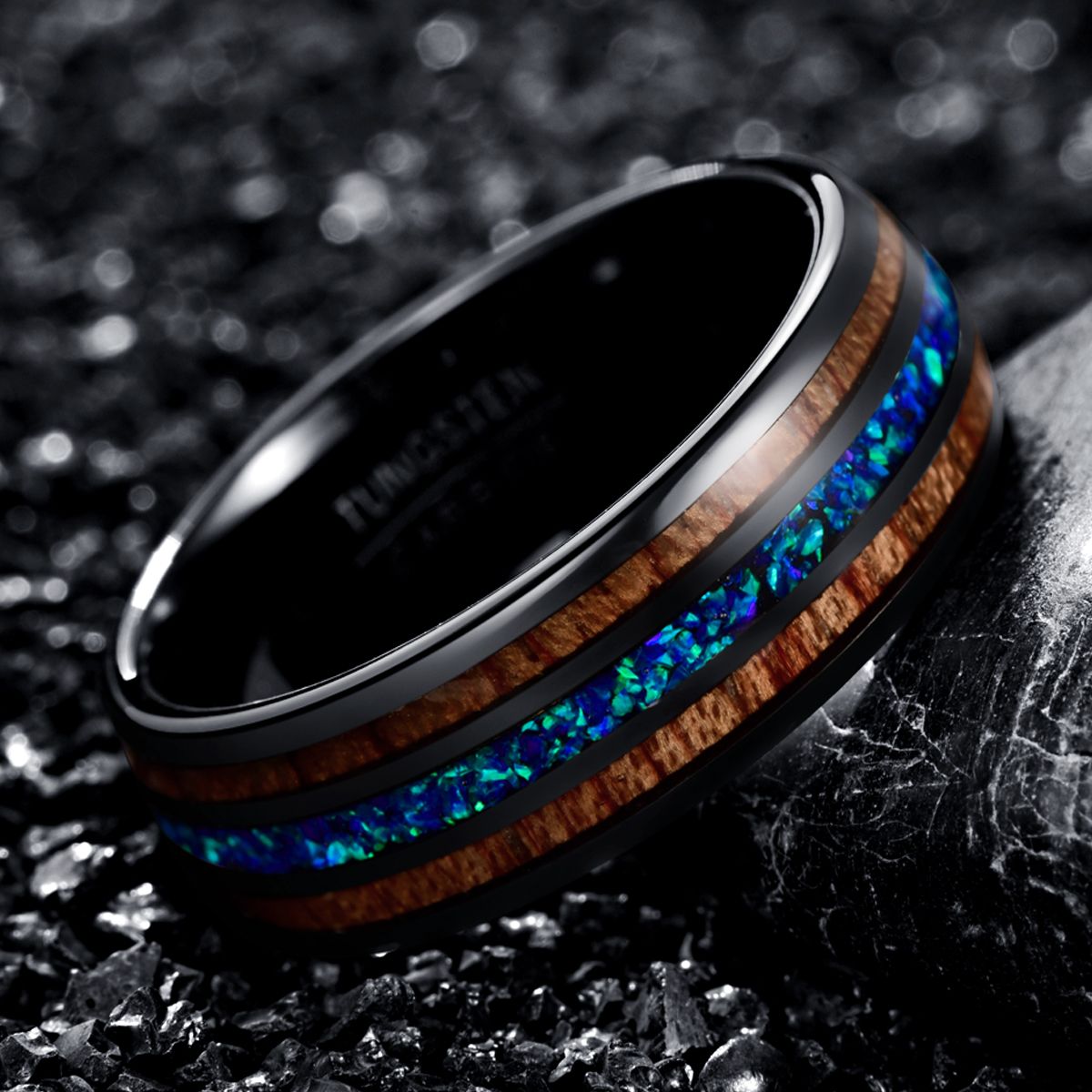8mm Wide Black Two Acacia Wood Sapphire Blue Opal Tungsten Steel Ring