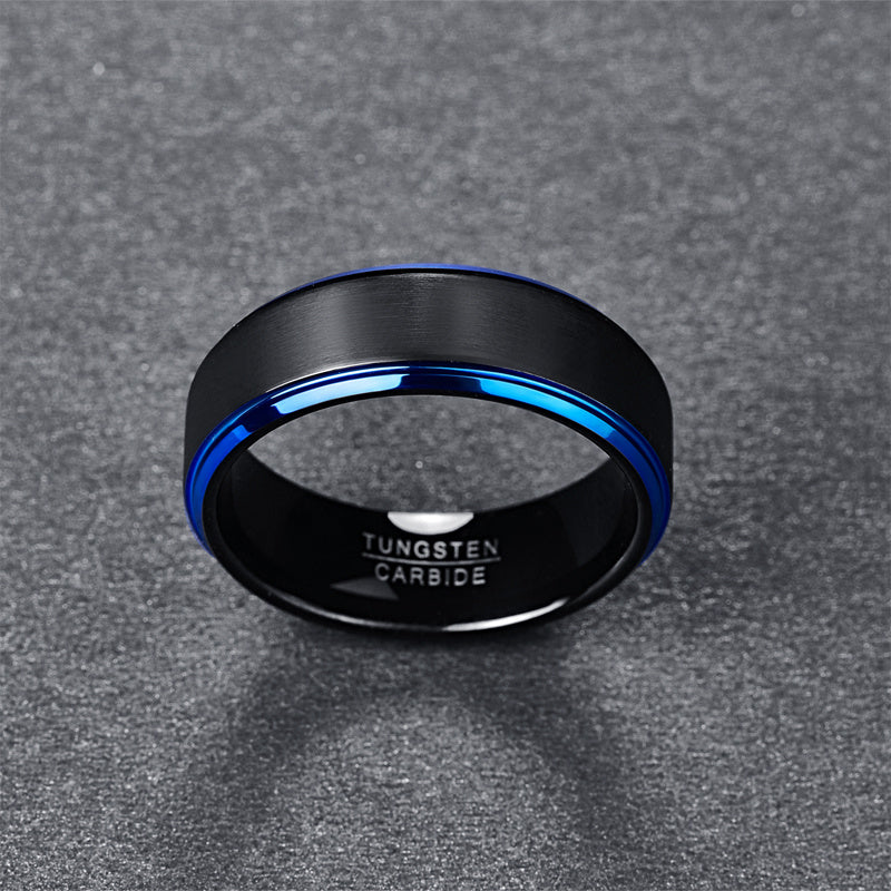 Frosted Blue Step Edge Plated Black Men's Tungsten Steel Ring