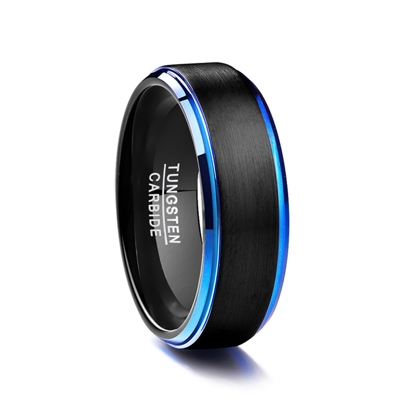Frosted Blue Step Edge Plated Black Men's Tungsten Steel Ring