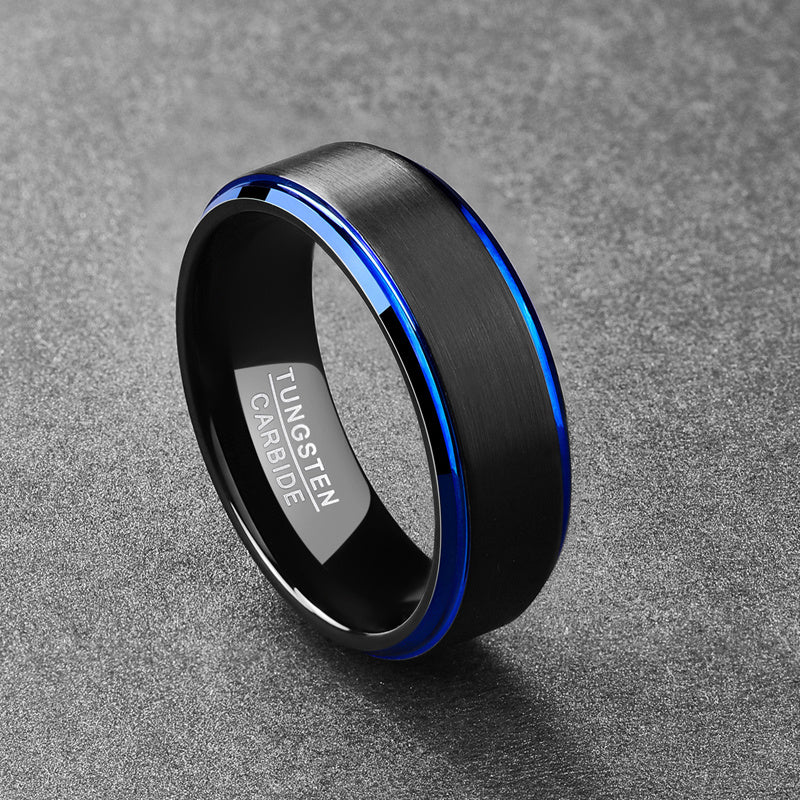 Frosted Blue Step Edge Plated Black Men's Tungsten Steel Ring