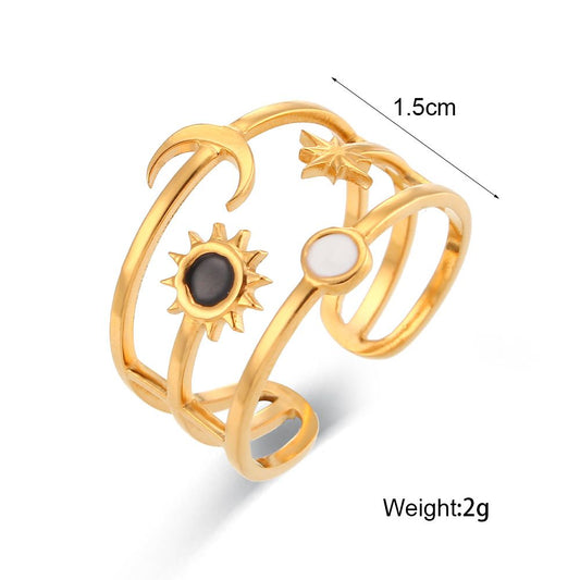 Black And White Drip Oil Sun Moon Star Three-tier Ring