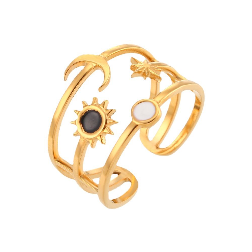 Black And White Drip Oil Sun Moon Star Three-tier Ring