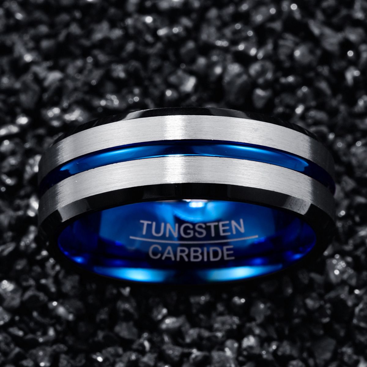 Electroplating Bevel Blue Channel Steel Color Frosted Tungsten Steel Ring