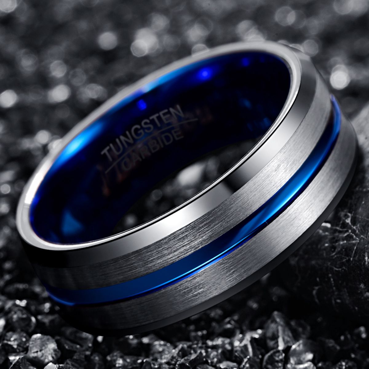 Electroplating Bevel Blue Channel Steel Color Frosted Tungsten Steel Ring